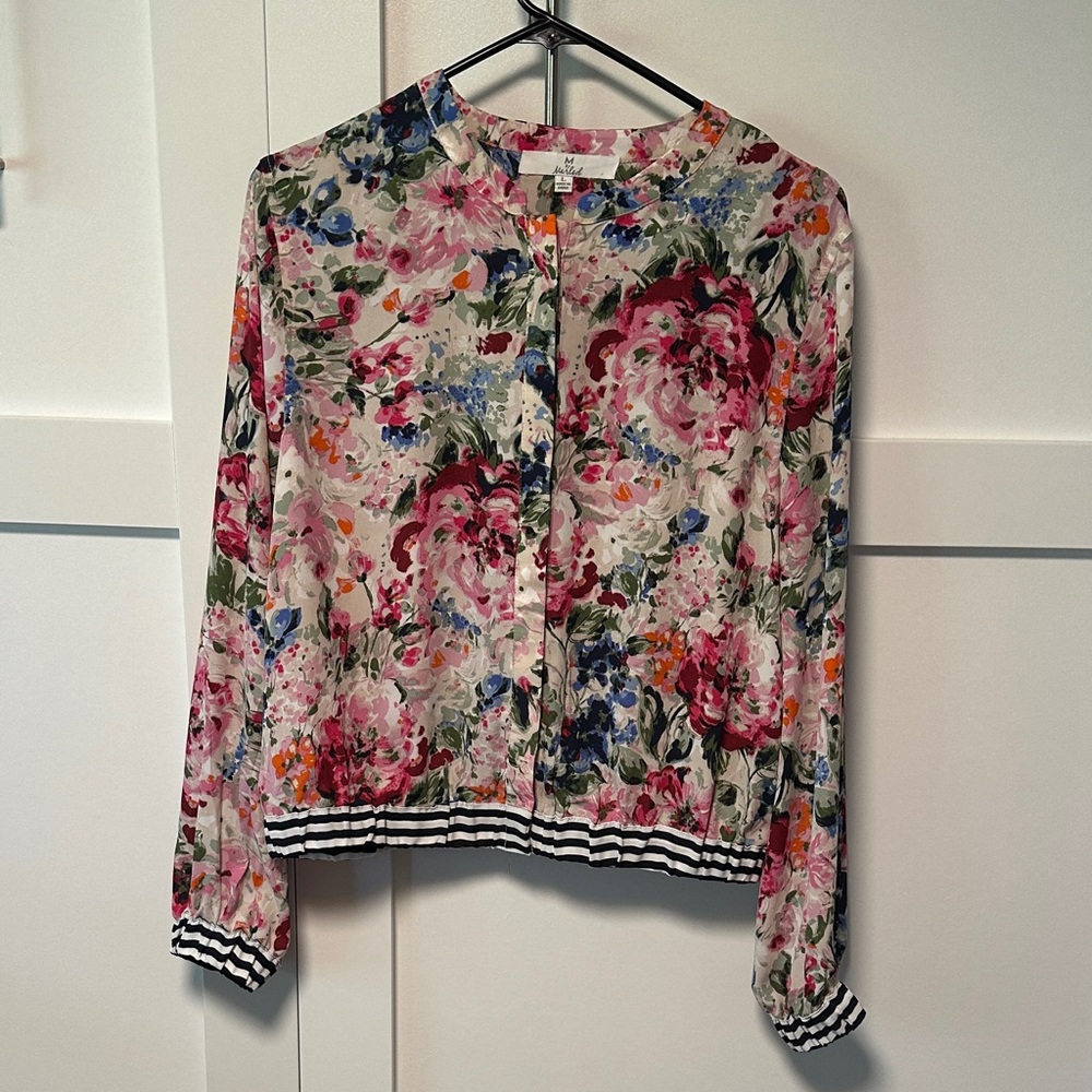 Marled Floral Bomber Jacket - Pink and Blue